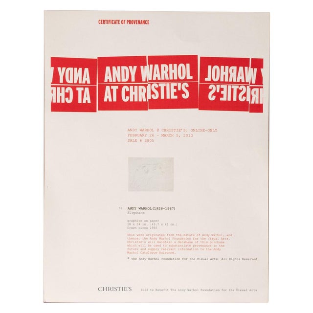 Charcoal Rare Original Abstract Elephant Graphite Drawing Catalogue Raisonné Ex-Christies by Andy Warhol, 1955 For Sale - Image 8 of 8