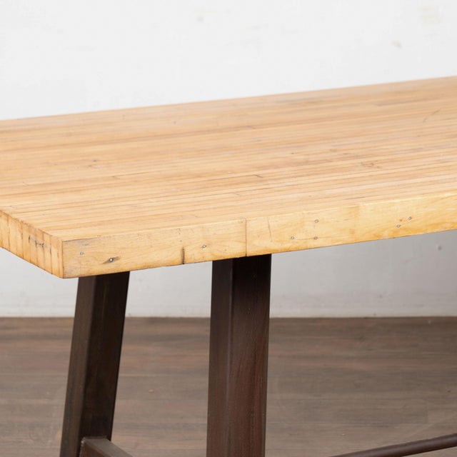 Wood Reclaimed Bowling Lane Wood Top Industrial Dining or Work Table For Sale - Image 7 of 13