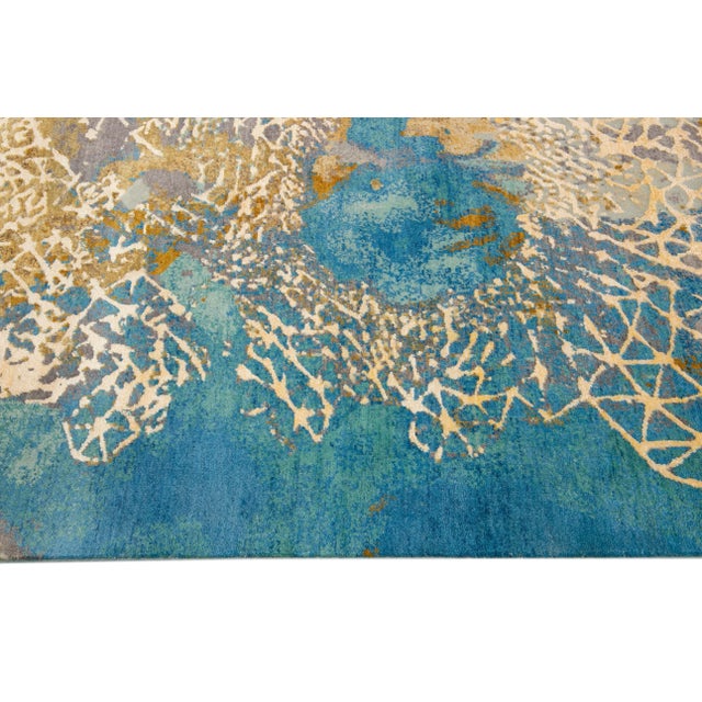 2020s Modern Golden and Teal Abstract Indian Handmade Coastal Designed Wool & Silk Rug For Sale - Image 5 of 10
