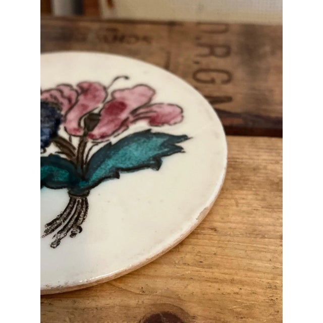 Vintage Hand Painted Round Floral Ceramic Tile Coaster. For Sale - Image 4 of 5