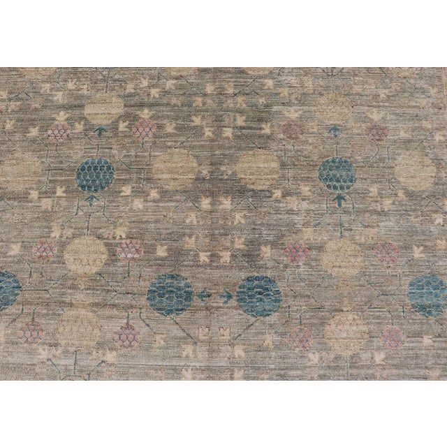 Large Modern Tribal Khotan Rug in Shades of Cream Green Blue and Coral For Sale - Image 10 of 12