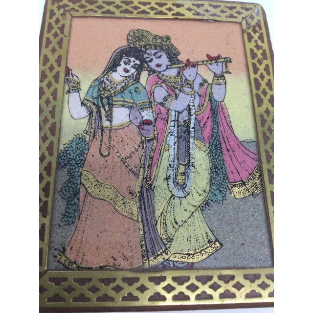 Vintage Inlaid Brass Over Wood Trinket Box Glass Painted Hinged Lid For Sale - Image 12 of 13