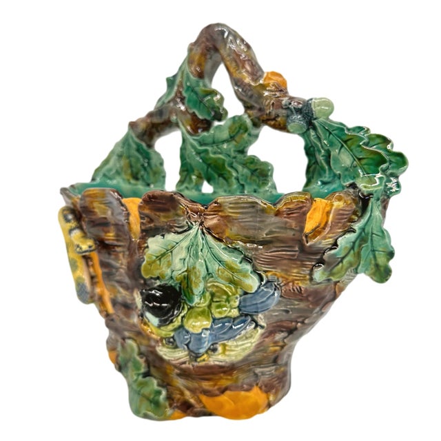 A Highly Rare Thomas Sergent Palissy Ware Majolica Trompe-l'oeil Wall Pocket, naturalistically molded as an oak tree, with...