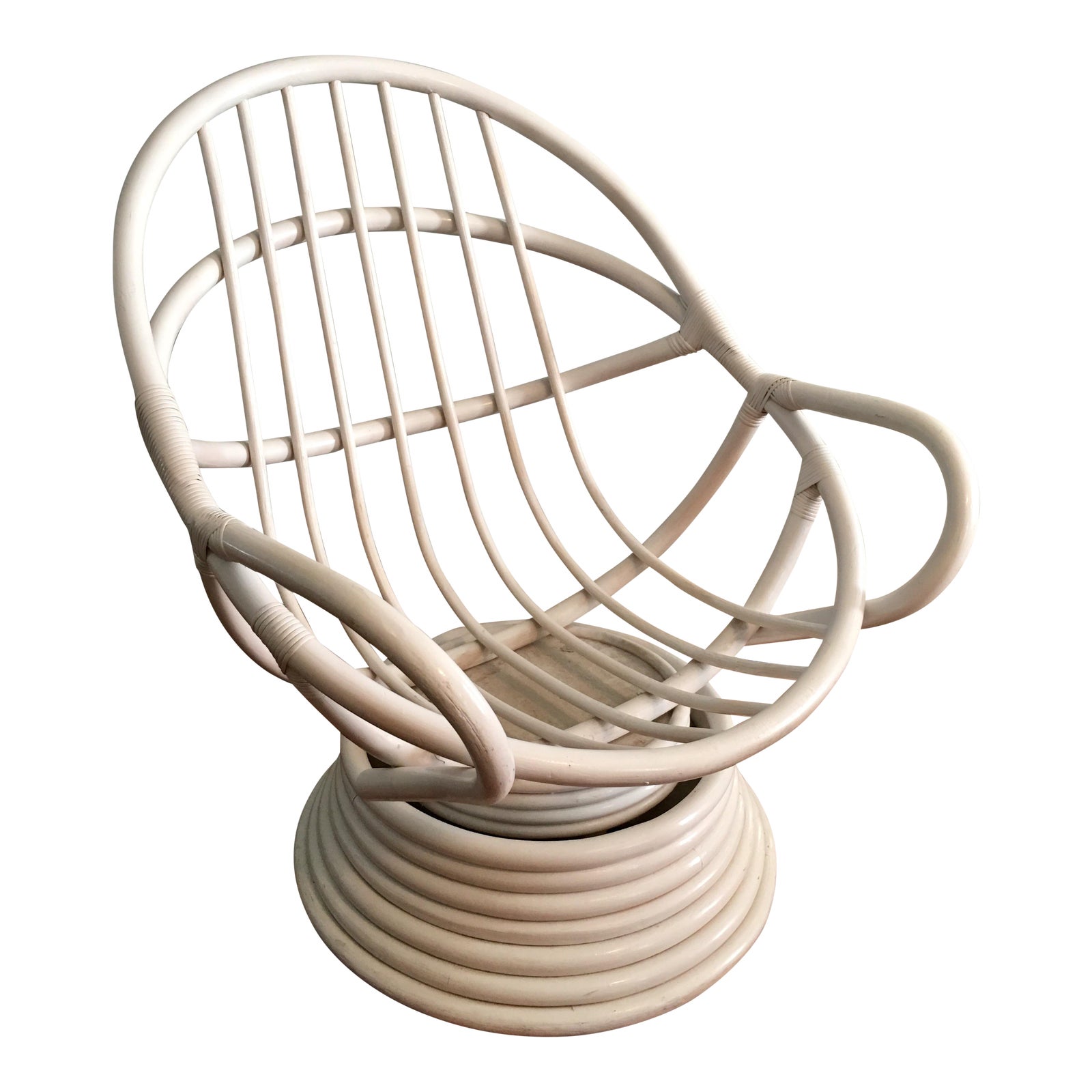 Vintage MidCentury Modern Bamboo Rattan Swivel Chair in White Chairish