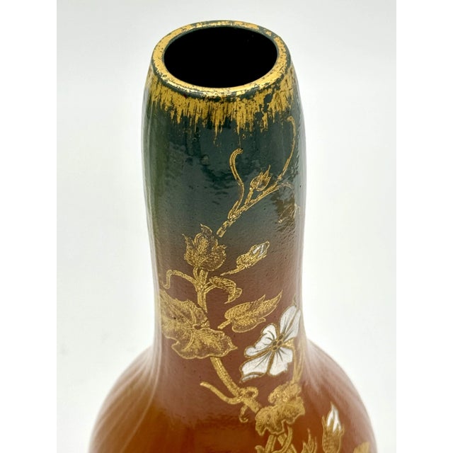 Art Nouveau Antique Sarreuguemines French Art Nouveau Pottery Vase - Hand Painted Gold Gild Floral Design For Sale - Image 3 of 9