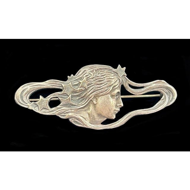 Art Nouveau Sterling Silver Dreamy Lady Stars Brooch Profile Girl Hair 925: Dreamy lady laced with stars in her hair....