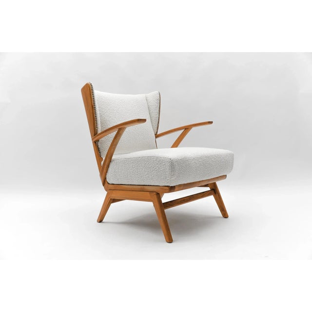 White Boucle Fabric and Wooden Wingback Armchair, Italy, 1950s For Sale - Image 12 of 12