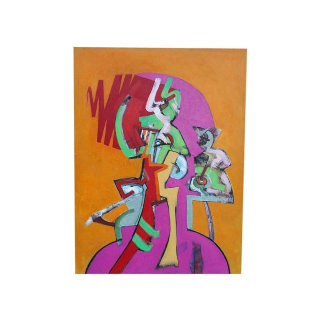 An abstract mixed media painting by American artist James L. Bruch (1942-2023). An abstract figure in bright pink is...
