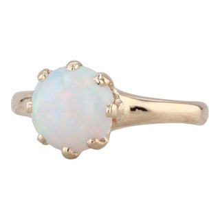Vintage Woods Round Opal Cabochon Solitaire Ring 14k Yellow Gold Size 6.25 For Sale