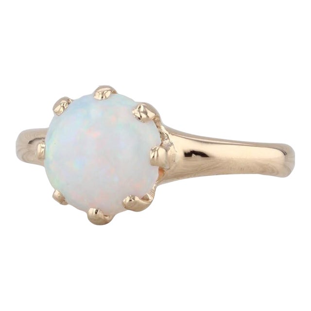 Vintage Woods Round Opal Cabochon Solitaire Ring 14k Yellow Gold Size 6.25 For Sale
