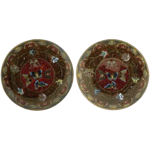 Antique Pair of Japanese Cloisonne Enamel Gold Stone Butterfly Plates Attributed to Honda