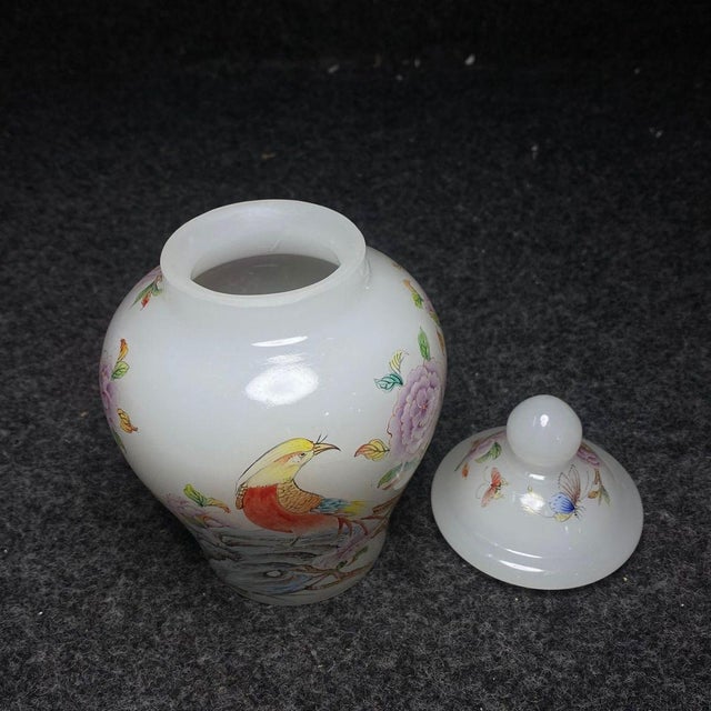 Glass Small Chinese Hand-Painted Peking Glass Jar With Lid - Pheasant & Peony Motif For Sale - Image 7 of 9