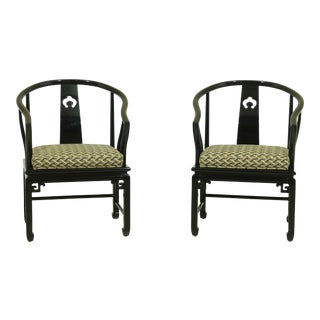 Pair Century Asian Inspired Black Lacquer Armchairs For Sale