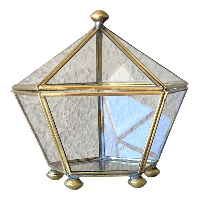 Mid 20th-Century Pentagon-Shaped Brass & Glass Keepsake / Trinket Box For Sale
