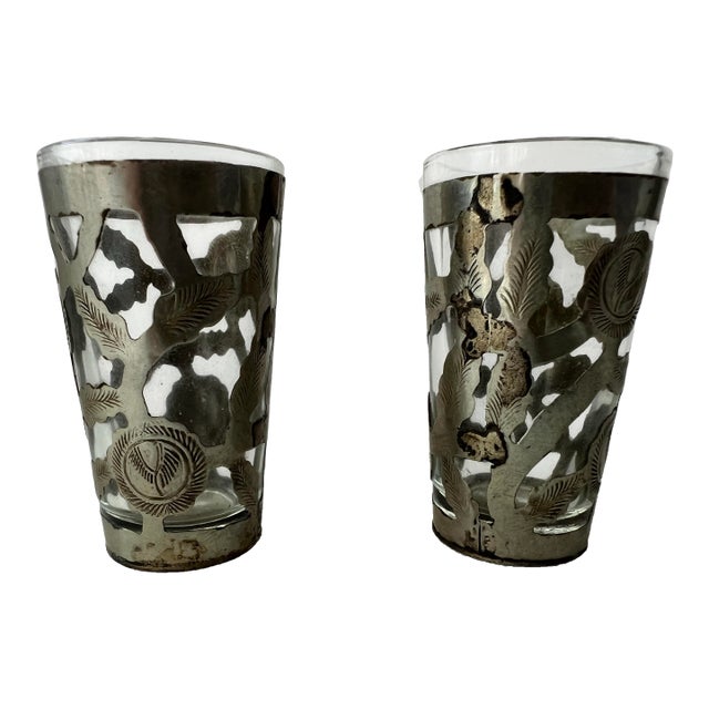 Vintage Sterling Silver Openwork Shot Glasses a Pair For Sale