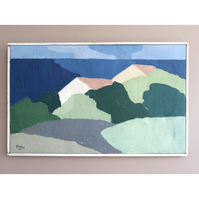 ALONG THE BLUE COAST Size: 17.7 x 28.3 inches (including frame) Oil on canvas A charming mid-century modernist landscape...