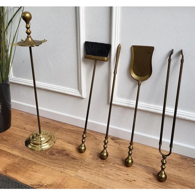 Italian Brass Fireplace Tool Set with Stand, 1980s, Set of 5 For Sale - Image 4 of 8