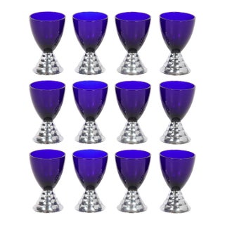 1930s Art Deco Skyscraper Style "Blue Moon" Cocktail Glasses in Chrome by Chase- Set of 12 For Sale