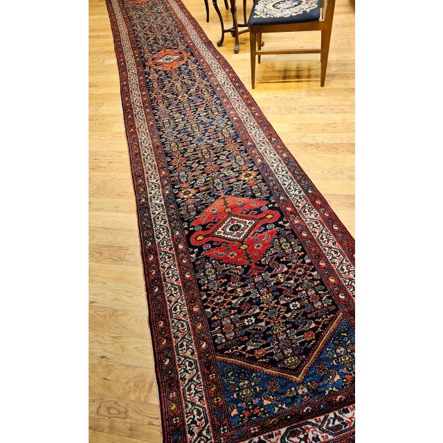 Vintage Persian Malayer Runner Rug, Hand-Knotted Wool, Geometric Pattern, 3x20, Navy & Red For Sale - Image 14 of 14