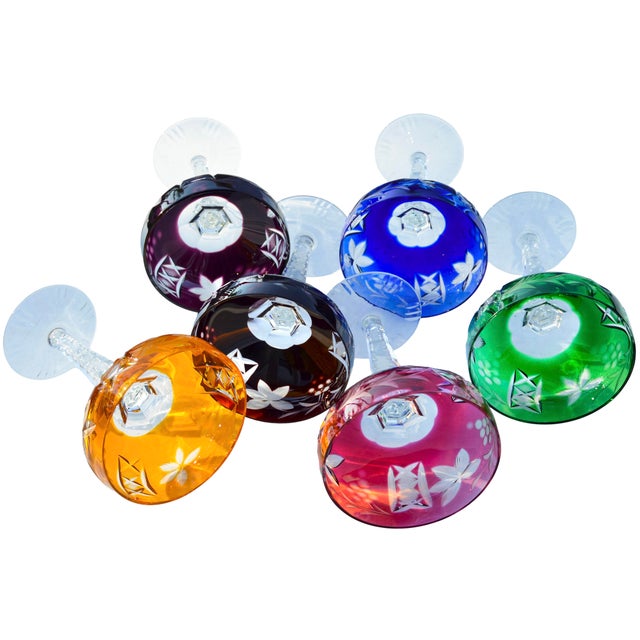 Mid 20th Century Handblown Colorful Cut-to-Clear Crystal Coupes- S/6 For Sale In New York - Image 6 of 6