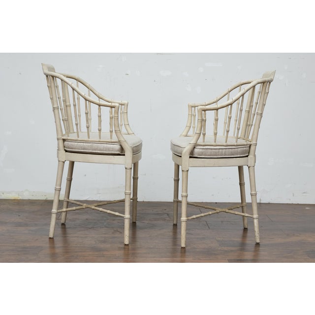 Cream Pair of Baker Furniture Faux Bamboo Upholstered Armchairs in Soft White Finish For Sale - Image 8 of 12
