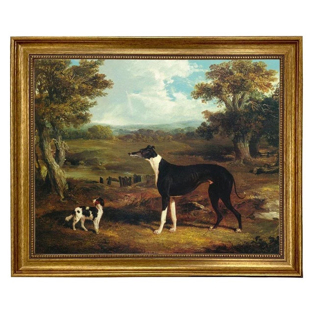 Greyhound and King Charles Spaniel Print on Canvas in Wide Antiqued Gold Frame- 16x20 Framed to 19-1/2" X 23-1/2" For Sale - Image 4 of 4
