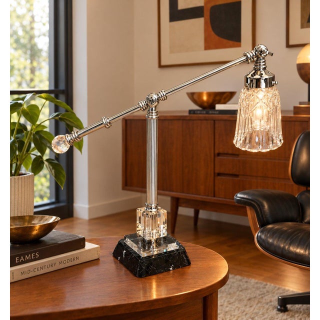 Metal Mid 20th Century Modern Desk Table Lamps Adjustable Crystal Shade Marble Base For Sale - Image 7 of 7