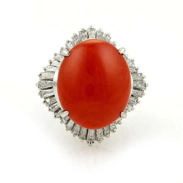 Metal Platinum Baguette Diamonds & Coral Cocktail Ring - Size 7.75 For Sale - Image 7 of 7