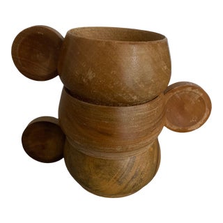 Vintage Wooden Teak Teacups With Disc Handles- Set of 3 For Sale