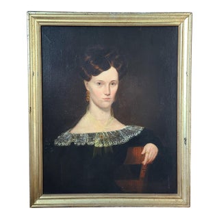 Antique 19th Century American Folk Art Oil Painting Portrait of a Woman in Black For Sale