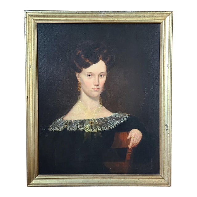 Antique 19th Century American Folk Art Oil Painting Portrait of a Woman in Black For Sale