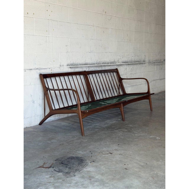 Tan Teak 3-Seater Sofa With Spindle Back and Fabric Cushions Danish Mid-Century Modern 1960s For Sale - Image 8 of 12