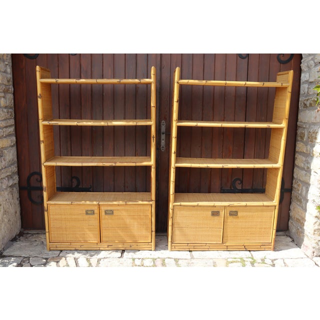Rare pair of rattan shelves by Dal Vera, dating from the 1960s, Italian craftsmanship. Both are in very good overall...