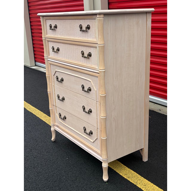 Hollywood Regency Vintage Coastal Faux Bamboo Tall Dresser by Broyhill For Sale - Image 3 of 9