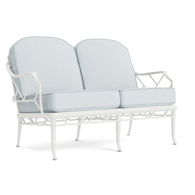 Brown Jordan Calcutta Loveseat in Chalk with Artic Stripe Cushions For Sale