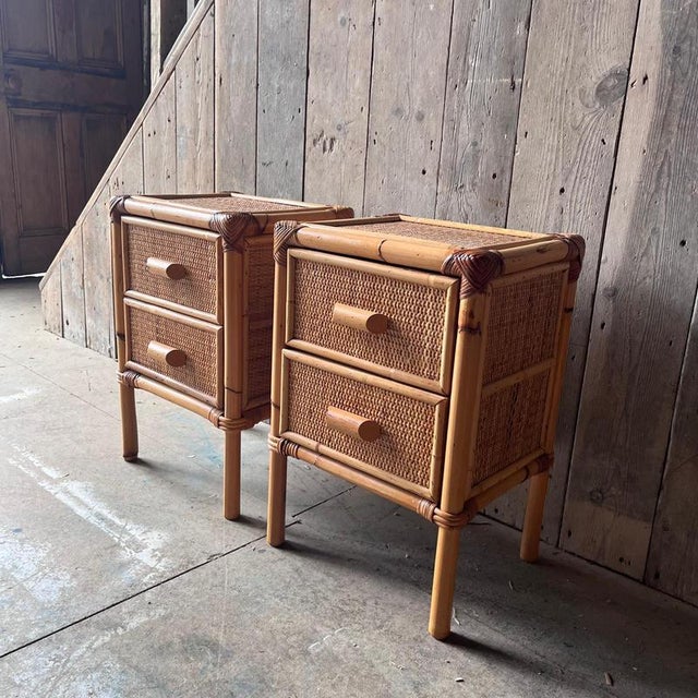 Wood Bamboo and Cane Nightstands with Drawers, Set of 2 For Sale - Image 7 of 11