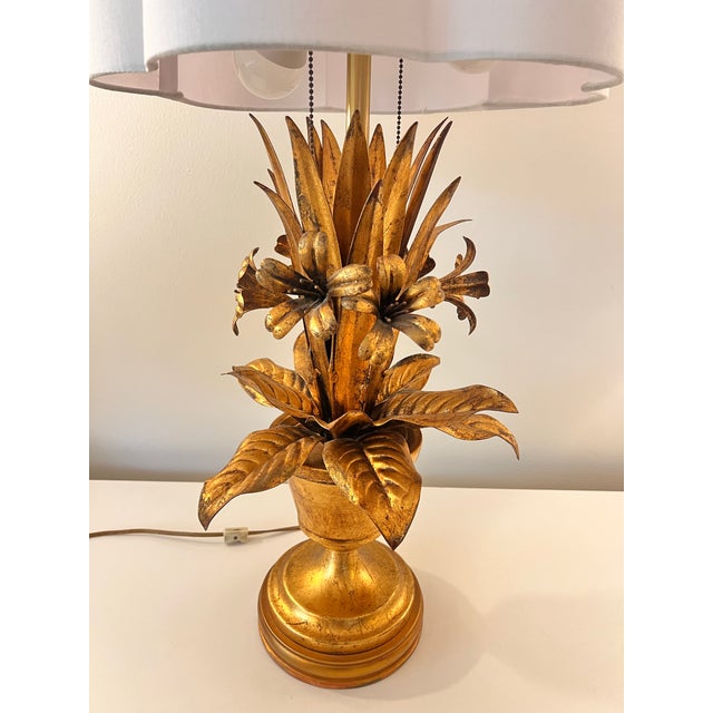 This is a gorgeous large-scale midcentury gilt tole lamp by the luxury lighting brand Marbro. It has two sockets with...