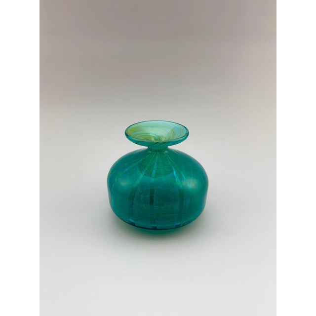 Turquoise and Green Striped Glass Squat Bottle Vase from Mdina, Malta, 1970s For Sale - Image 3 of 10