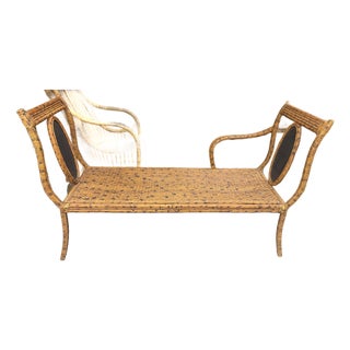 Mid-Century Bohemian Burnt Rattan Daybed Bench With Authentic Hand-Woven Cane Seat For Sale
