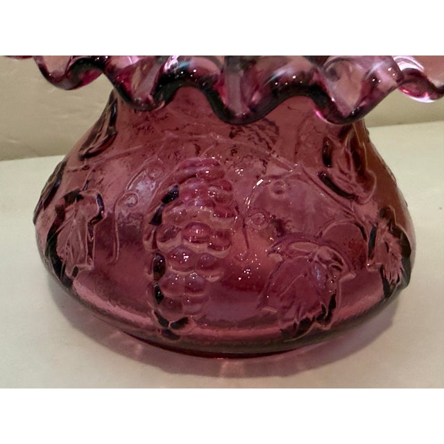 Vintage Basket Grape Vine Cranberry Pink Clear Applied Handle Beautiful Grape clusters and leaves on the vine make this...