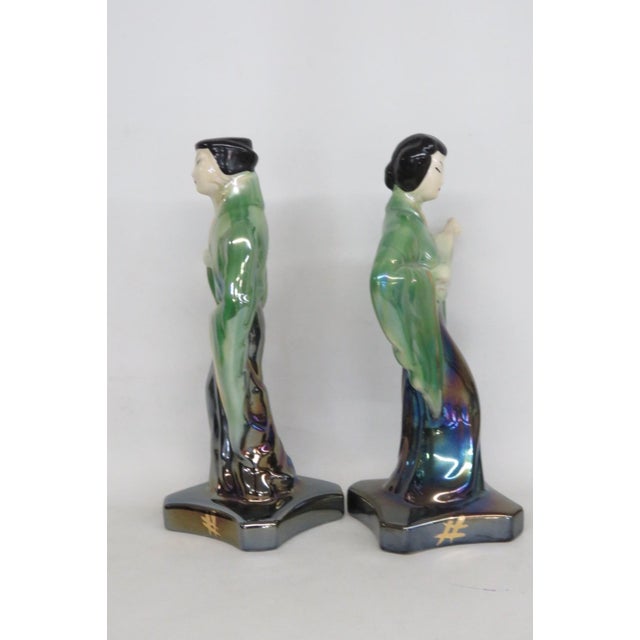 Japanese Eosin Glazed Ceramic Figurines Pair of 2 Iridescent Rainbow Sheen 5028b For Sale - Image 4 of 10