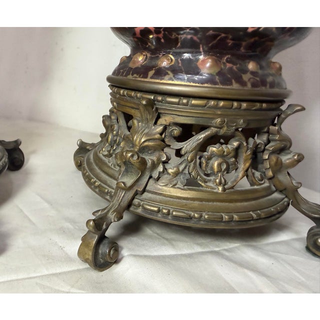 Bronze Rare Pair Antique 19th Century Hinks & Son Duplex Electrified Porcelain Bronze Oil Lamp For Sale - Image 8 of 15