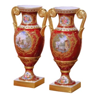 Pair of 19th Century French Neoclassical Hand Painted “Porcelaine De Paris” Urns For Sale