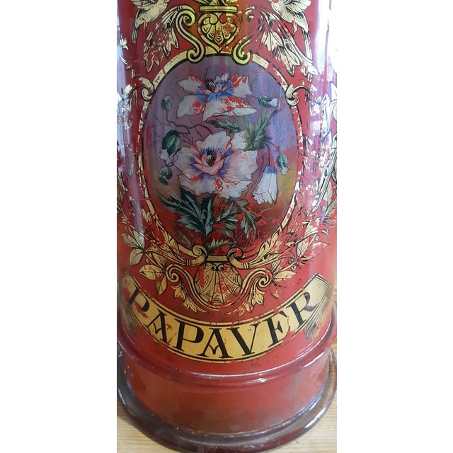 Red and Gold Screen-Printed Glass Pharmacy Jar, 1920 For Sale - Image 3 of 18