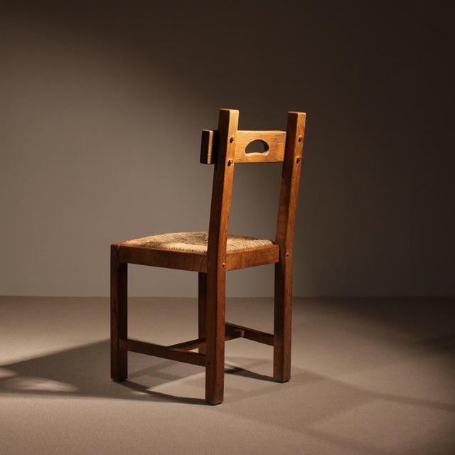 Brown Brutalist Oak & Rush Chairs, Europe, 1960s For Sale - Image 8 of 17