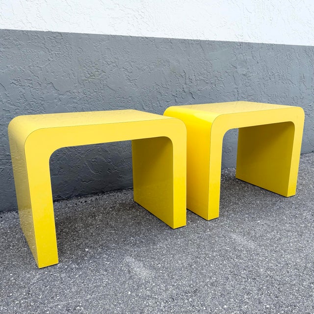 Postmodern Yellow Gloss Laminate Waterfall Side Tables - A Pair For Sale - Image 9 of 10