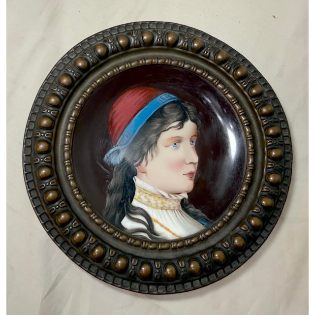 Antique 1800s Painted Porcelain Bronze Portrait Lady Decorator Collectible Plate For Sale - Image 9 of 12