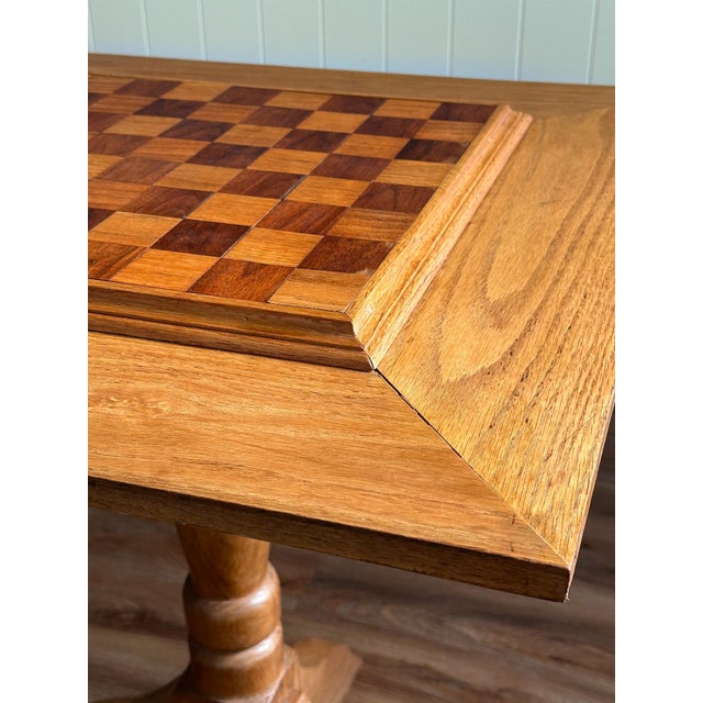 Brown Vintage Handcrafted Oak Pedestal Game Table With Inlaid Chessboard For Sale - Image 8 of 17