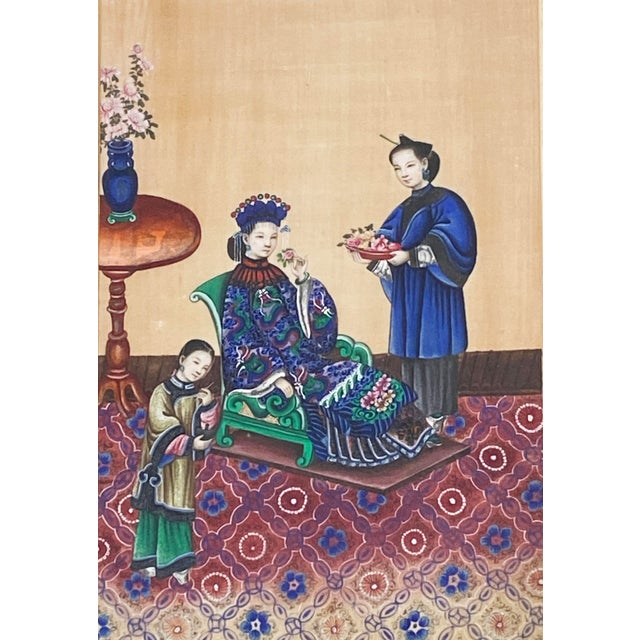 This exceptional 19th-century Chinese Export Pith painting features a seated empress accompanied by two attendants,...