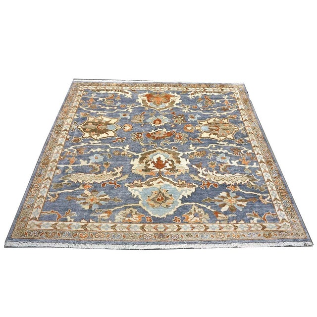Indian Sultanabad Silk 6x6 Blue, Orange & Ivory Handmade Square Area Rugs #1143145 For Sale In Houston - Image 6 of 14